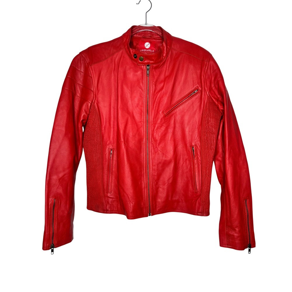 Laverapelle Leather Full Zip Jacket Sz M Red Cafe Racer Moto Ribbed Side Panels